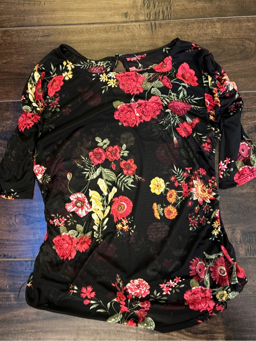 Sheer Black Floral Blouse | Size Medium | Romantic Mesh 3/4 Sleeve Top - Picture 4 of 4
